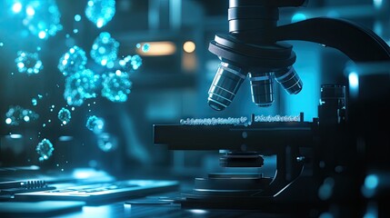 Abstract scientific background with a microscope, emphasizing microbial research and advanced microscopy techniques in a dark