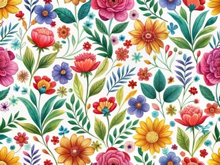 Vibrant-colored flowers, leaves, and branches form a stunning repeating pattern on a white background, creating a