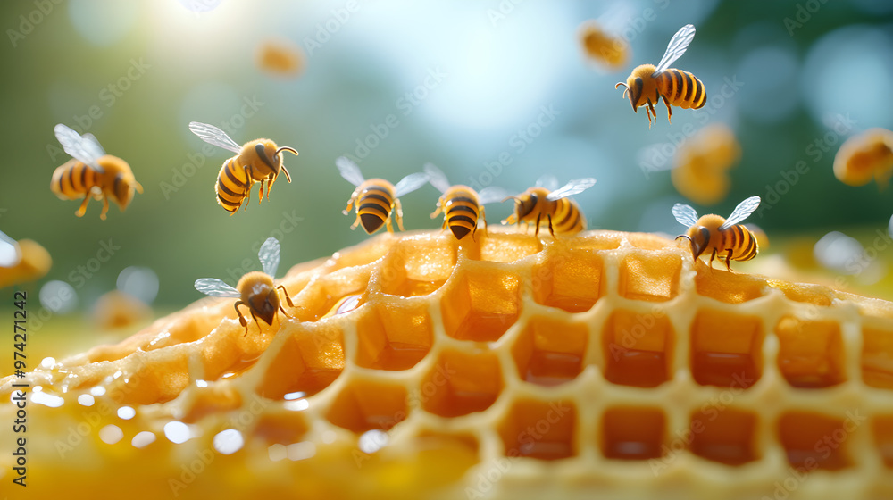 Poster a waffle transforming into a honeycomb with bees made of candy buzzing around it