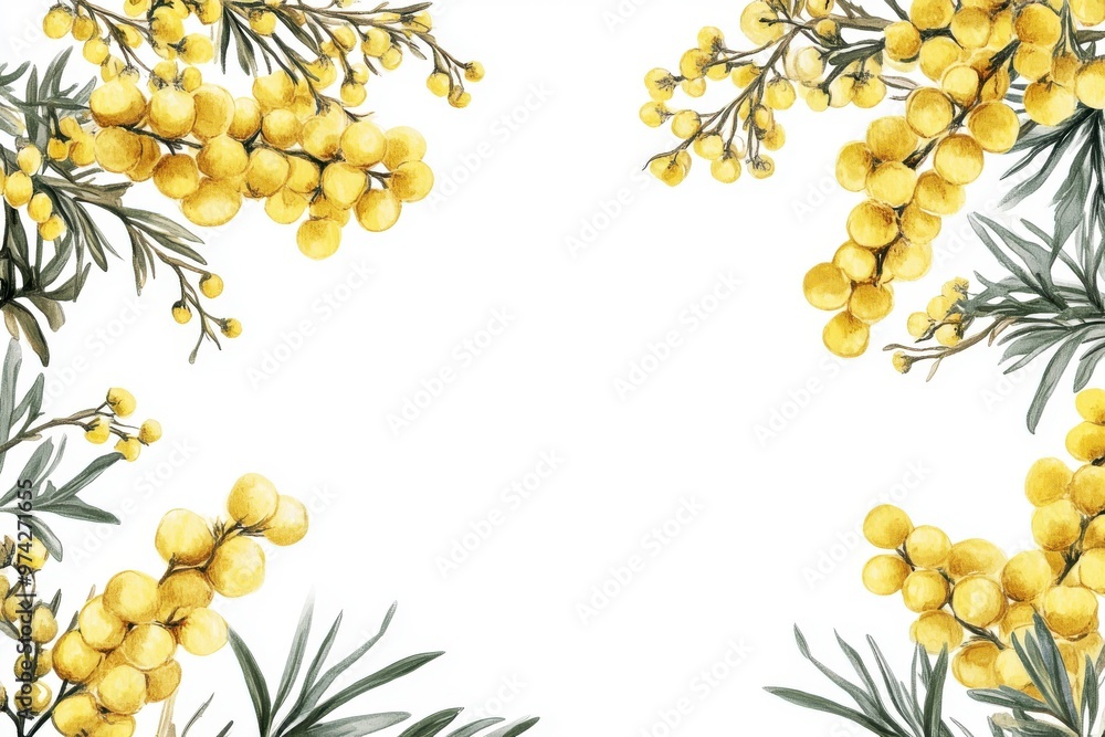 Poster mimosa sketch-style border on a white canvas featuring text in upper left and lower right corners