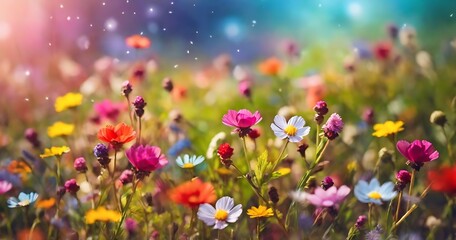 Fototapeta premium Beautiful multicolored spring meadow background with wild flowers and bokeh lights 