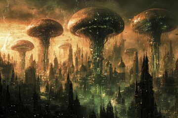 Fototapeta premium Surreal fantasy landscape with towering mushroom like structures and glowing city in the distance