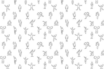 Seamless pattern. Stylized human figures. Black outline on white background. Flyer background design, advertising background, fabric, clothes, texture, textile pattern.