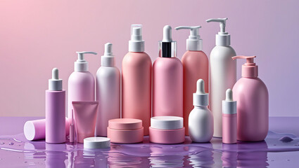 Elegant Skincare Collection on a Serene Gradient, Shampoo, oil, bath products, product mockup background, mockup for product