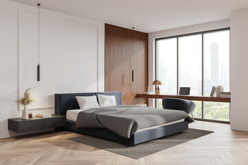 Minimalist hotel bedroom interior with rest and work zone, panoramic window