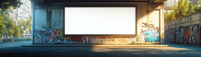 Frame mockup on an underpass wall, gritty urban street with graffiti, 3D illustration