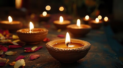 Obraz premium Clay Diya lamps Happy Diwali, festive atmosphere, place for text