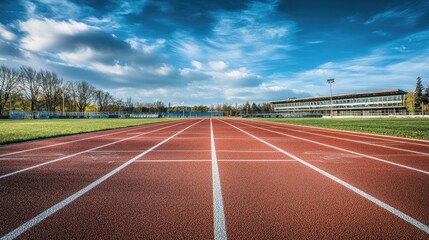 An empty running track with perfectly maintained lanes, waiting for competitive runners, showcasing smooth surfaces