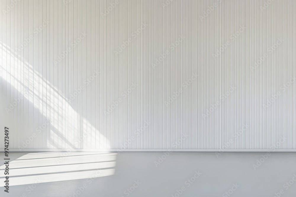 Poster A minimalist room with a white vertical stripe wall design and ample natural light, emphasizing simplicity and spaciousness within the interior space.