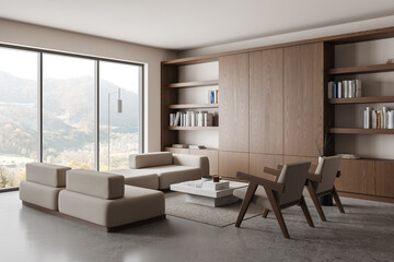 A modern living room with beige furniture and large windows overlooking a scenic view. Wooden shelves and cabinets add warmth to the minimalist design. 3D rendering
