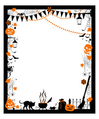 Happy Halloween. Black frame with black and orange halloween scary objects. Vector illustration.	

