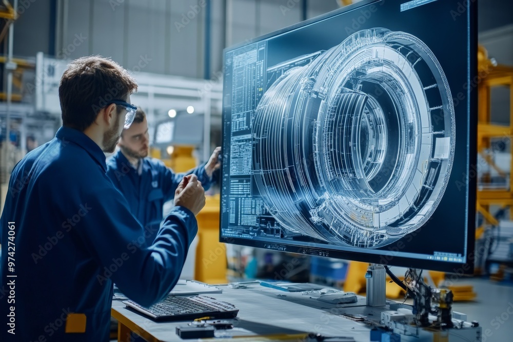 Fototapete Engineers are seen intensely analyzing a detailed technical blueprint displayed on a large screen, within a high-tech environment, reflecting modern engineering and collaboration.