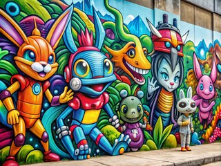Vibrant, colorful graffiti mural of playful, mischievous cartoon characters, including a rabbit, robot, and dragon,