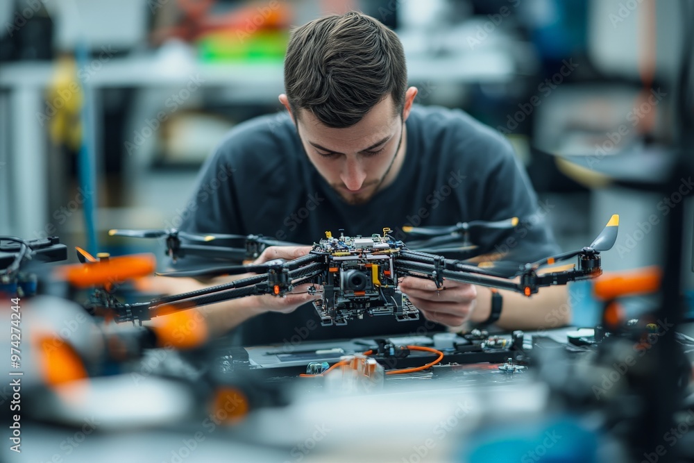 Aufkleber An engineer in a high-tech workshop carefully adjusting the electronic components of a drone, symbolizing the intricate and precise nature of modern engineering and robotics.