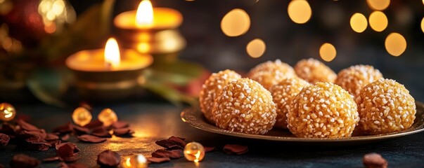 Indian Traditional Diwali sweets Motichoor laddoo, Happy Diwali, festive atmosphere, place for text