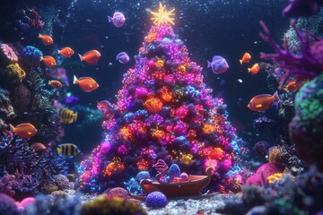 Underwater Christmas tree surrounded by colorful marine life and coral reef