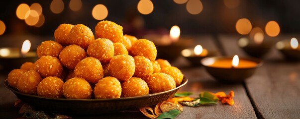 Indian Traditional Diwali sweets Motichoor laddoo, Happy Diwali, festive atmosphere, place for text