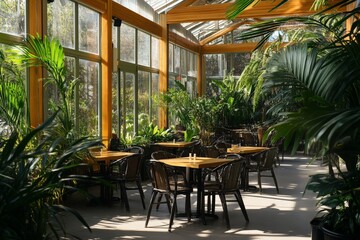 A spacious greenhouse styled café filled with lush green plants, featuring wooden tables and chairs, illuminated by warm natural sunlight streaming through large windows.