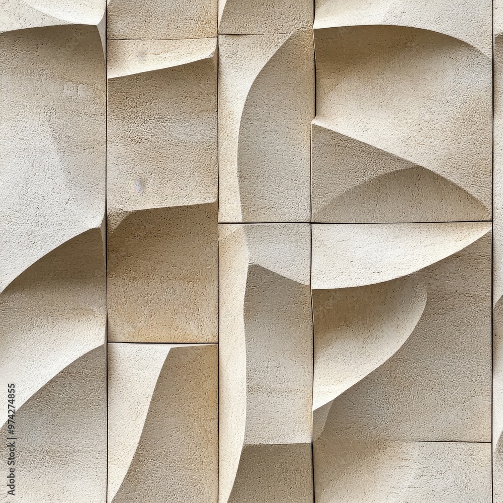 Poster The image shows an abstract beige stone wall featuring deep cut geometric shapes, highlighting an artistic blend of texture and form for a unique architectural or decorative finish.