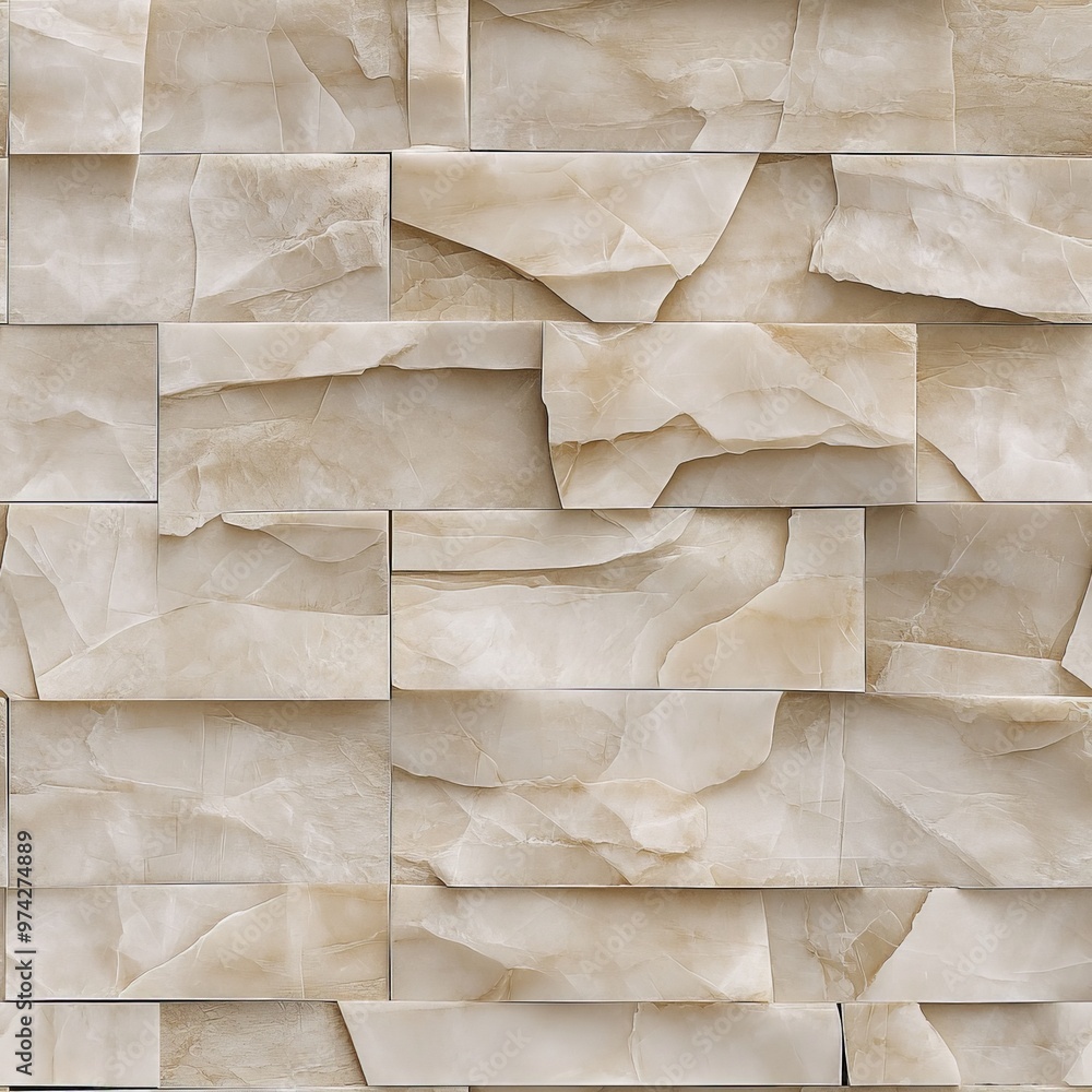 Aufkleber This image depicts a series of beige stone blocks with a textured surface, arranged in a layered pattern. Each block has unique textures and shades, adding depth to the design.