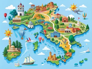 Vibrant colorful illustration of Italy's geographical map, showcasing regions, cities, and iconic landmarks, perfect