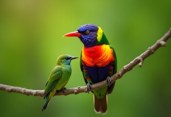 Obraz premium Colorful Birds Perched on a Branch