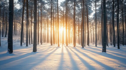 The winter forest is a peaceful place. The sunlight shines through the trees, and the snow covers the ground like a blanket. This beautiful scene shows the beauty of nature during the coldest months.