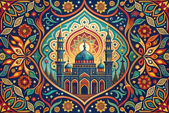 Vibrant colorful illustration of traditional Arabic greeting phrases in intricate calligraphy against a subtle