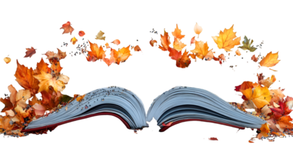 an open book with leaves flying out of it.