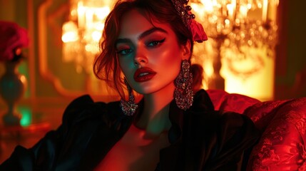 Fototapeta premium A glamorous model in a vintage-inspired outfit poses in a retro-styled room