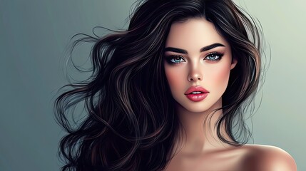 Fototapeta premium Beautiful woman with dark, wavy hair, exuding elegance and style, ideal for beauty, fashion