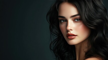 Fototapeta premium Beautiful woman with dark, wavy hair, exuding elegance and style, ideal for beauty, fashion