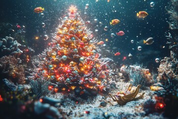 Underwater Christmas tree with colorful coral reef and tropical fish