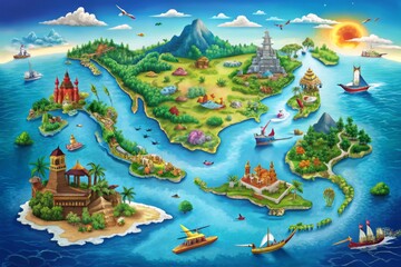 Vibrant colorful map of Indonesia showcasing diverse islands, cities, and terrain, highlighting the country's rich
