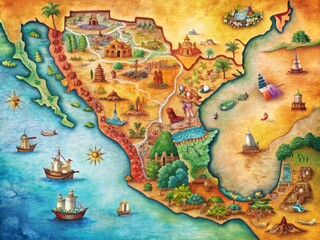Vibrant colorful map of Mexico highlighting states, cities, and geographical features, surrounded by subtle texture and