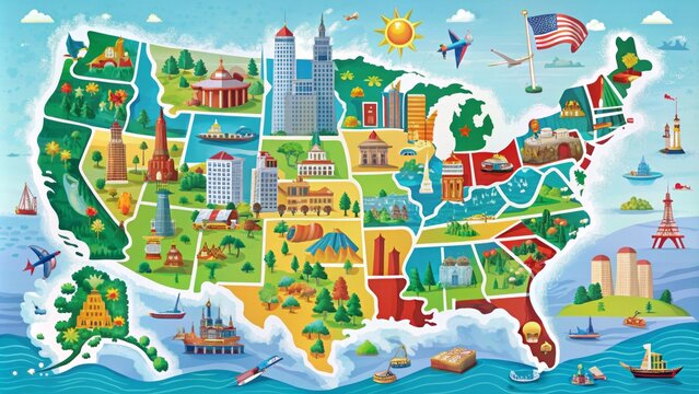 Vibrant colorful map of the United States with major cities and roads, highlighting iconic metropolitan areas, national