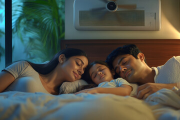 A family peacefully sleeping together in a cozy bedroom at night under soft lighting