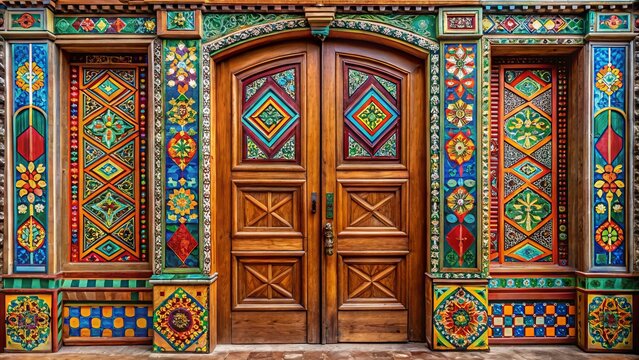 Vibrant colorful ornate decorative fileteado artwork adorns a richly detailed wooden door, showcasing intricate
