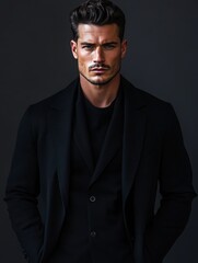 Fototapeta premium A male model stands in a minimalist studio, showcasing a sleek