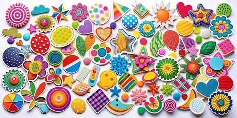 Vibrant colorful stickers with various shapes, sizes, and textures, arranged in a scattered pattern on a white