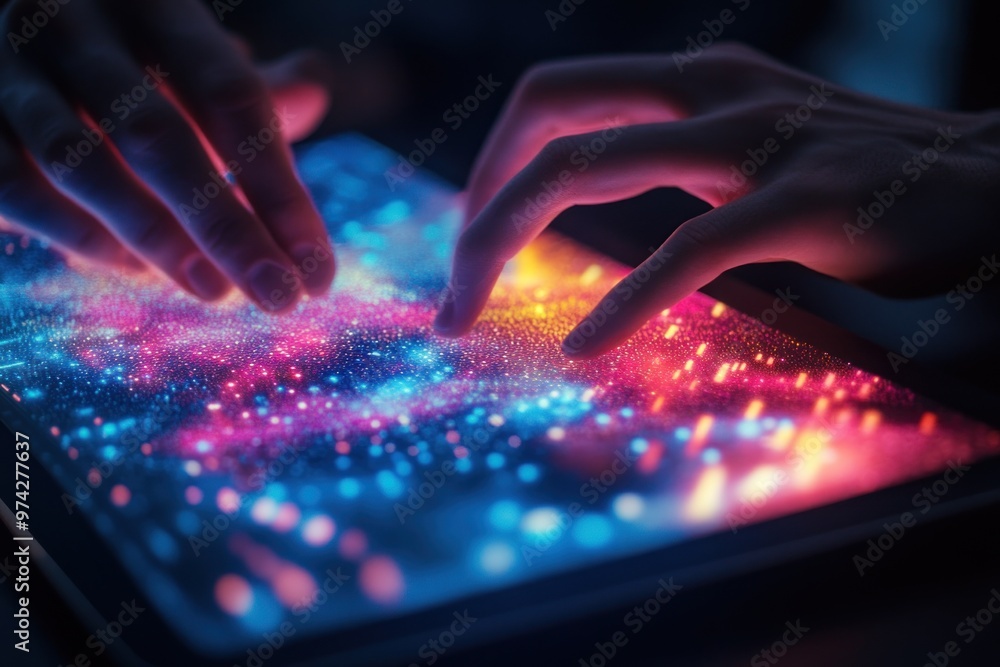 Poster abstract technology: fingers interacting with a luminous screen