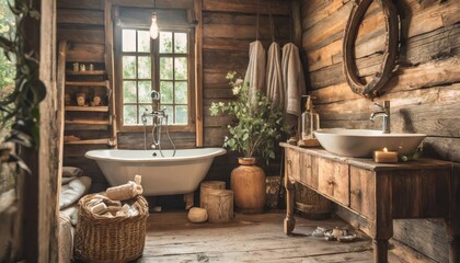 Rustic bathroom with wooden accents and vintage fixtures for a cozy atmosphere