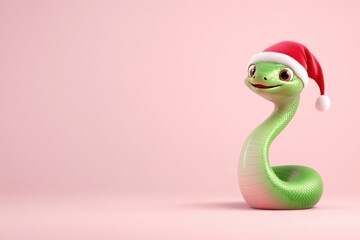Fototapeta premium Festive Green Snake Wearing a Santa Hat - Adorable Christmas Character for Holiday Design