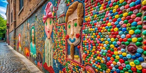 Vibrant colors and textures abound in a famous outdoor wall plastered with a mesmerizing mosaic of used gum,