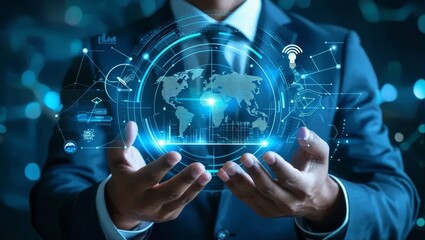 Businessman Analyzing Futuristic Data Dashboard