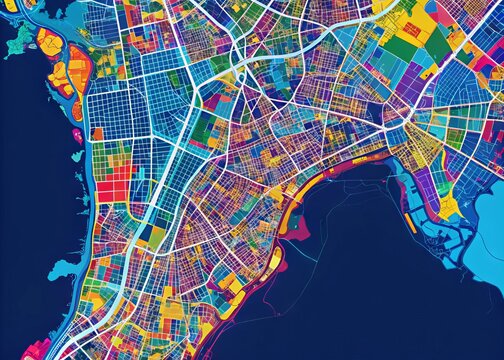 Vibrant colors highlight Mumbai's intricate road network, landmarks, and neighborhoods on a detailed map, showcasing