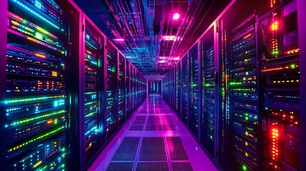 Fototapeta premium Server Room with Neon Lights