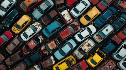 Aerial View of Crowded Colorful Parking Lot Pattern