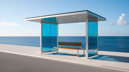 Fototapeta premium Minimalist Bus Stop Located by the Seaside, Seaside Minimalist Bus Stop with Simple Design