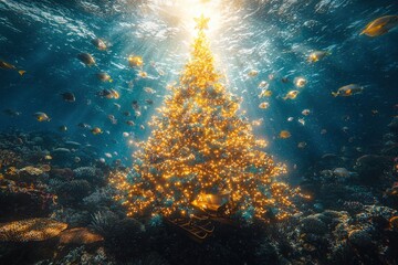 Obraz premium Underwater Christmas tree with tropical fish, coral reef, and sunlight in ocean
